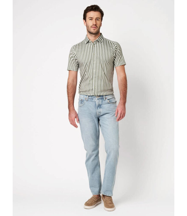 Desoto Jersey Overhemd/Shirt, Korte Mouw, Kent Kraag, Wit / Groen Gestreept