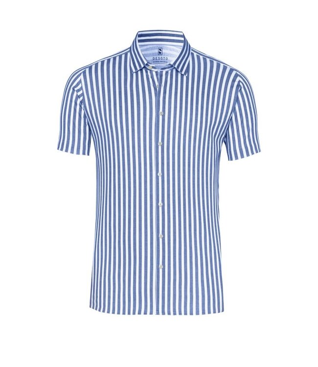 Desoto Jersey Overhemd/Shirt, Korte Mouw, Kent Kraag, Wit / Blauw Gestreept
