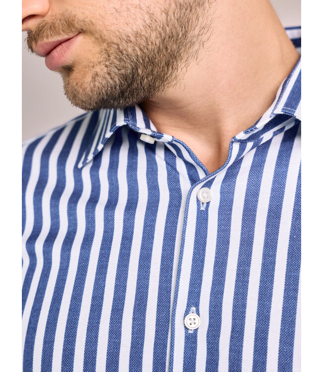 Desoto Jersey Overhemd/Shirt, Korte Mouw, Kent Kraag, Wit / Blauw Gestreept