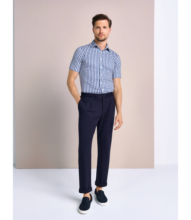 Desoto Jersey Overhemd/Shirt, Korte Mouw, Kent Kraag, Wit / Blauw Gestreept