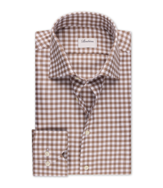 Stenstroms Stenstroms, Overhemd, Twofold Katoen, Lange Mouw, Bruin Wit Geruit, Regular Fit
