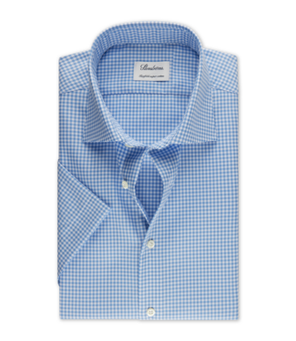 Stenstroms Stenstroms, Overhemd, Twofold Katoen, Korte Mouw, Wit, Lichtblauw, Micro Ruit, Regular Fit