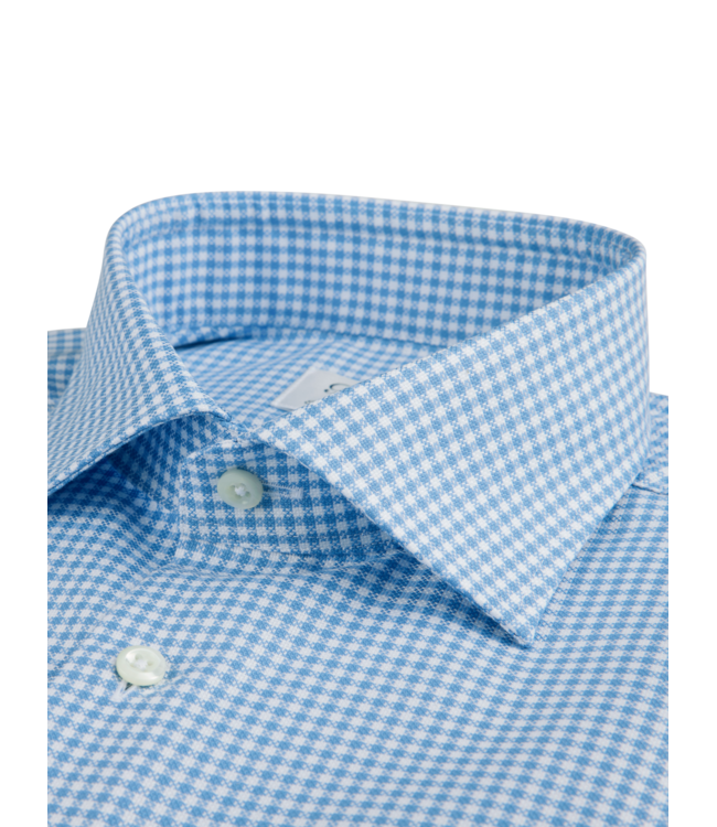 Stenstroms Overhemd, Twofold Katoen, Korte Mouw, Wit, Lichtblauw, Micro Ruit, Regular Fit