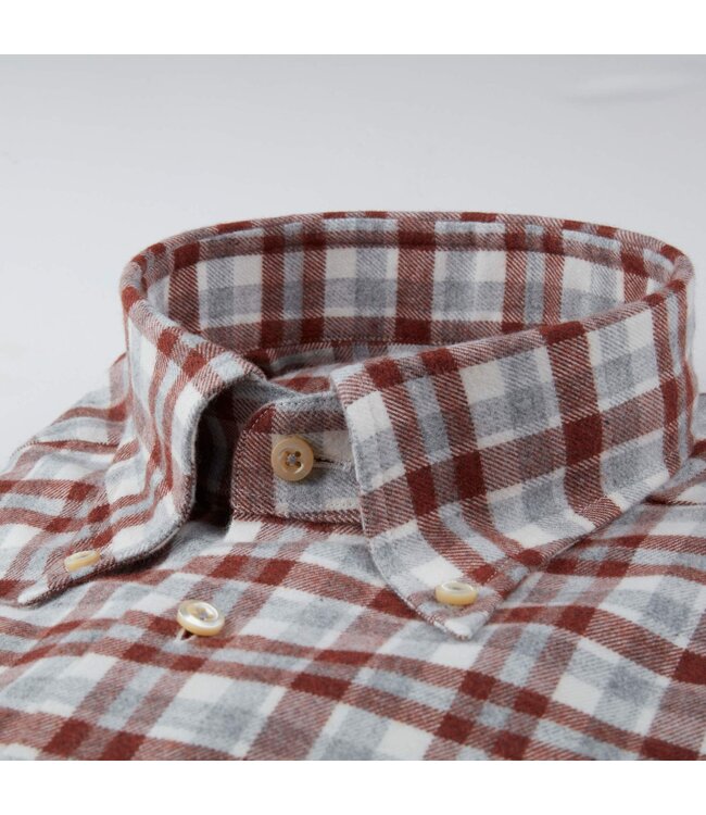 Stenstroms Overhemd, Flanel, Lange Mouw, Grijs, Ecru, Steenrood  Geruit, Slimline
