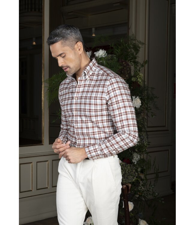 Stenstroms Overhemd, Flanel, Lange Mouw, Grijs, Ecru, Steenrood  Geruit, Slimline