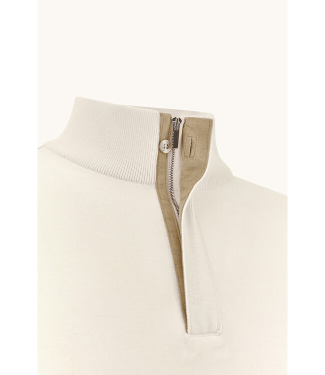 Paul & Shark Trui, Half-Zip, Merino Summer Wool, Snow White met Beige Alcantara Accenten