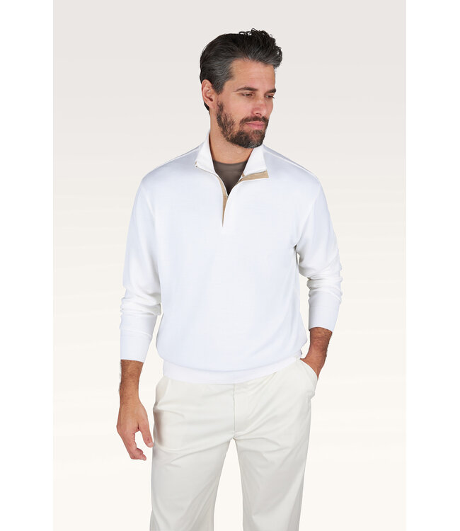 Paul & Shark Trui, Half-Zip, Merino Summer Wool, Snow White met Beige Alcantara Accenten