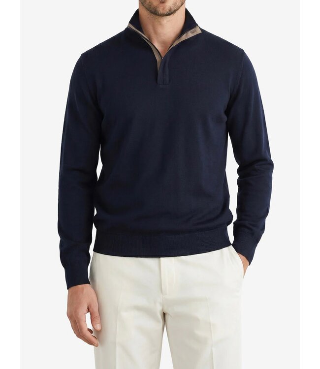 Paul & Shark Trui, Half-zip, Merino Summer Wool, Donkerblauw, Bruin Suede Accenten