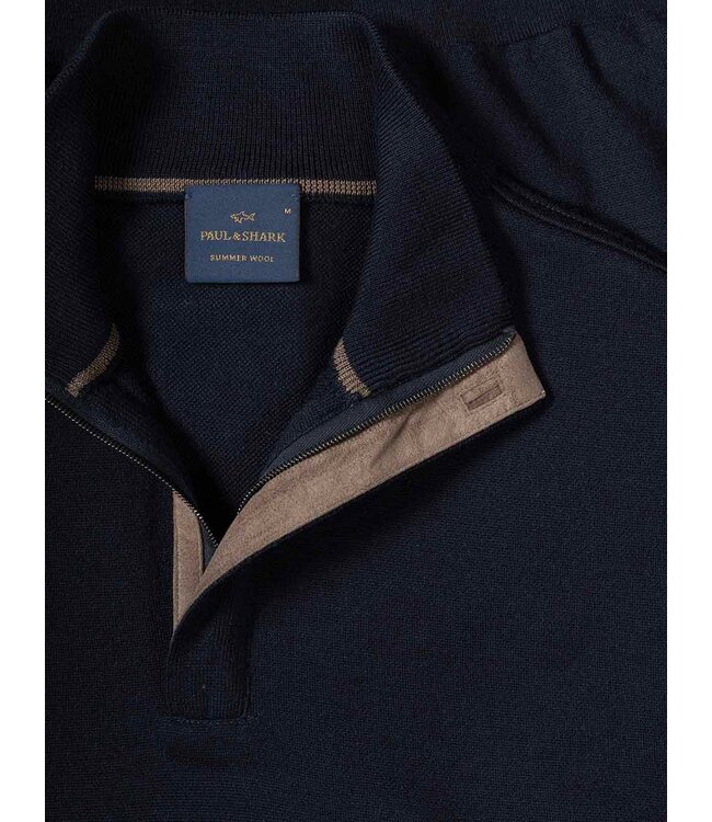 Paul & Shark Trui, Half-zip, Merino Summer Wool, Donkerblauw, Bruin Suede Accenten