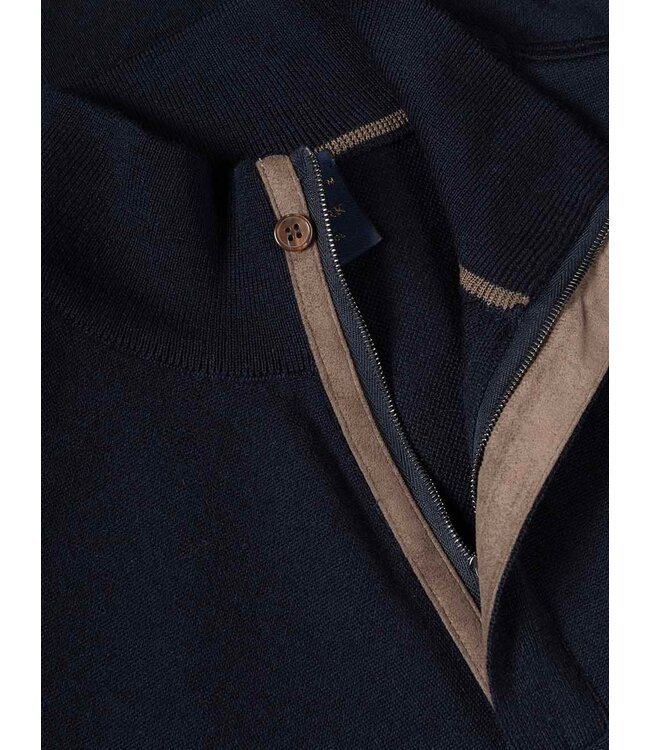 Paul & Shark Trui, Half-zip, Merino Summer Wool, Donkerblauw, Bruin Suede Accenten