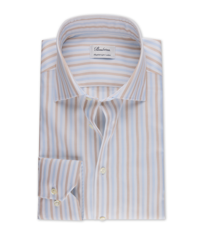 Stenstroms Overhemd, Lange Mouw, Twill Katoen, Wit, Lichtblauw, Beige, Gestreept, Regular Fit