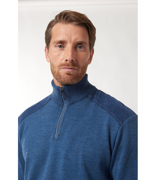 Paul & Shark Trui, Half-Zip, Wol, Jeansblauw, Ribcord Details Lichtblauw
