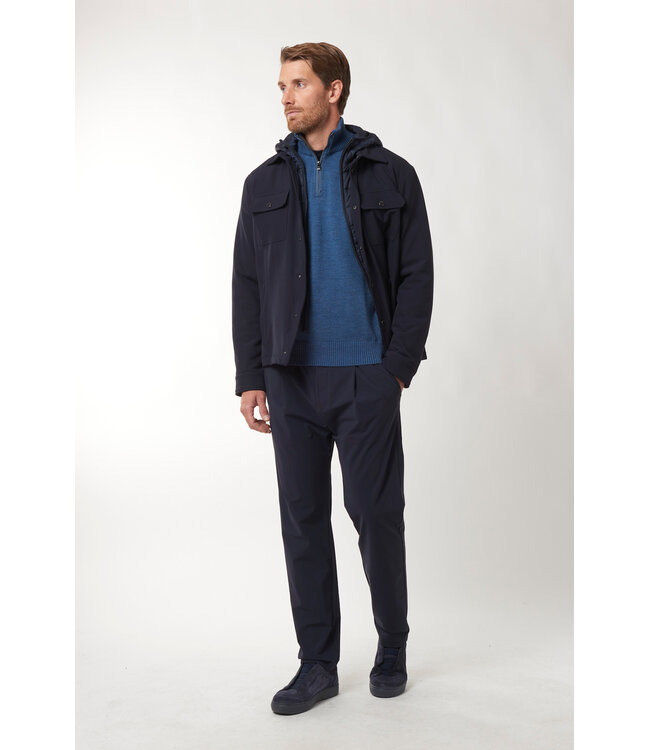 Paul & Shark Trui, Half-Zip, Wol, Jeansblauw, Ribcord Details Lichtblauw