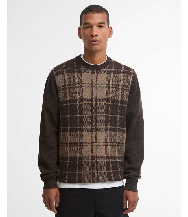 Barbour Trui, Katoen, Wol, Mix, Ronde Hals, Geruit, Mineral Tartan, Beige, Bruin