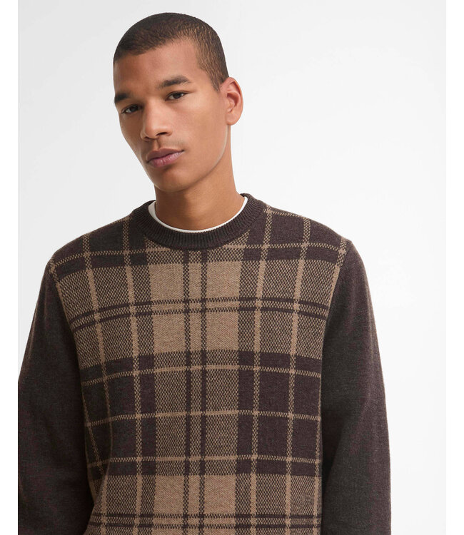 Barbour Trui, Katoen, Wol, Mix, Ronde Hals, Geruit, Mineral Tartan, Beige, Bruin