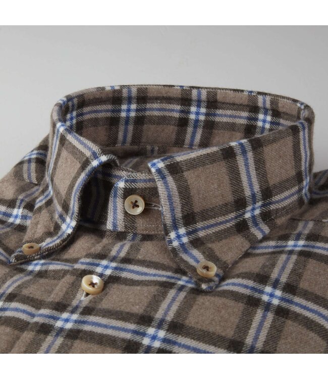 Stenstroms Overhemd, Flanel, Lange Mouw, Bruin, Beige, Blauw Geruit, Slimline