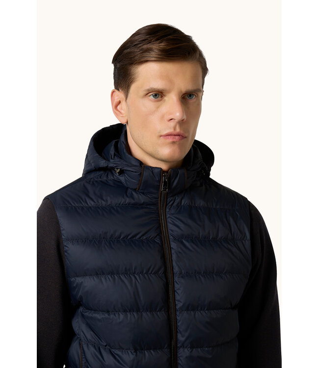 Paul & Shark Hybrid Vest met Rits, Af-ritsbareCapuchon en Mouwen, Wol, Donkerblauw /Bruin
