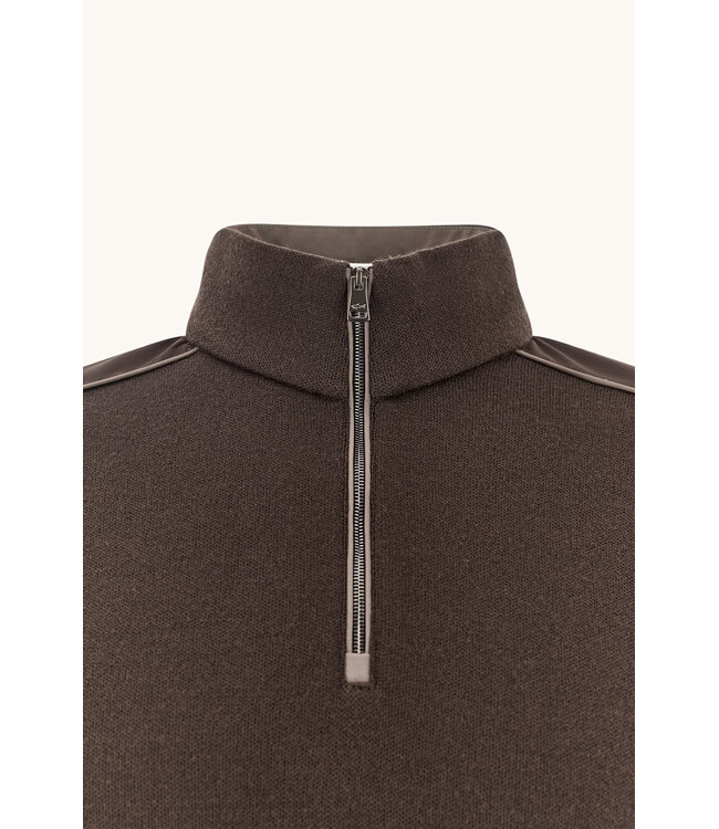 Paul & Shark Trui, Half-Zip, Merino Wol, Schouder Patches, Donkerbruin, Coffee,  Taupe Kleur Accenten