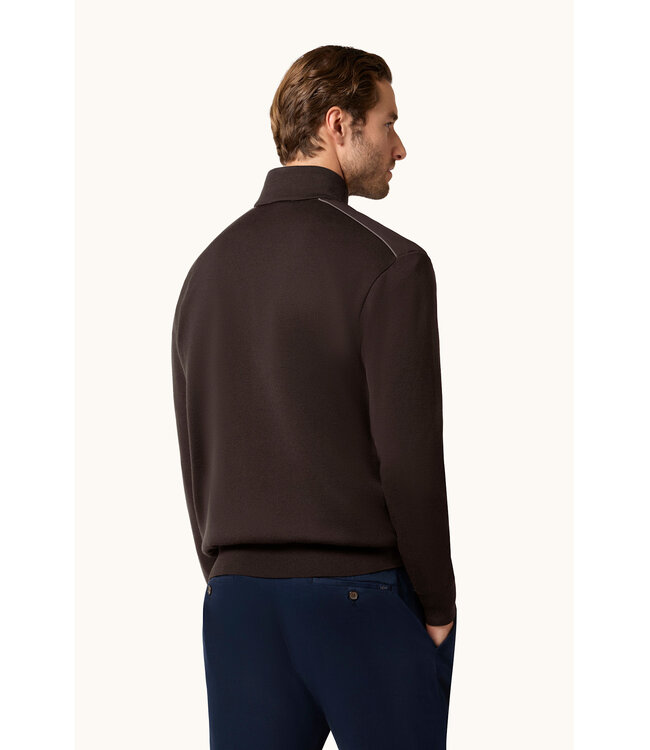 Paul & Shark Trui, Half-Zip, Merino Wol, Schouder Patches, Donkerbruin, Coffee,  Taupe Kleur Accenten