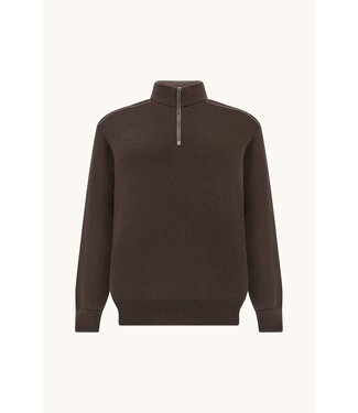 Paul & Shark Paul & Shark, Trui, Half-Zip, Merino Wol, Schouder Patches, Donkerbruin, Coffee,  Taupe Kleur Accenten