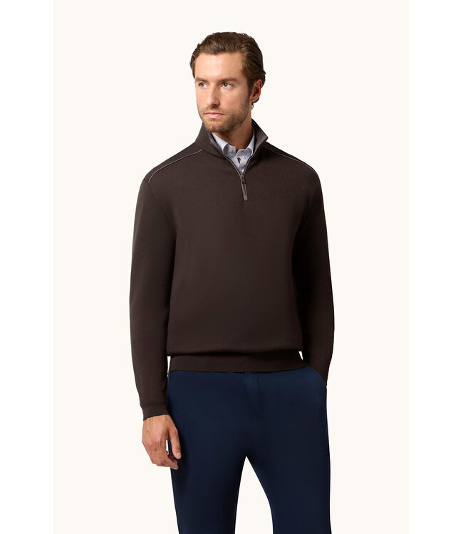 Paul & Shark Trui, Half-Zip, Merino Wol, Schouder Patches, Donkerbruin, Coffee,  Taupe Kleur Accenten