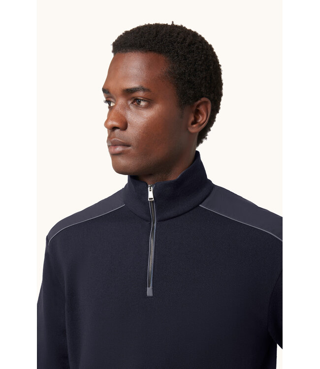 Paul & Shark Trui, Half-Zip, Merino Wol, Schouder Patches, Donkerblauw, Lichtblauwe Accenten