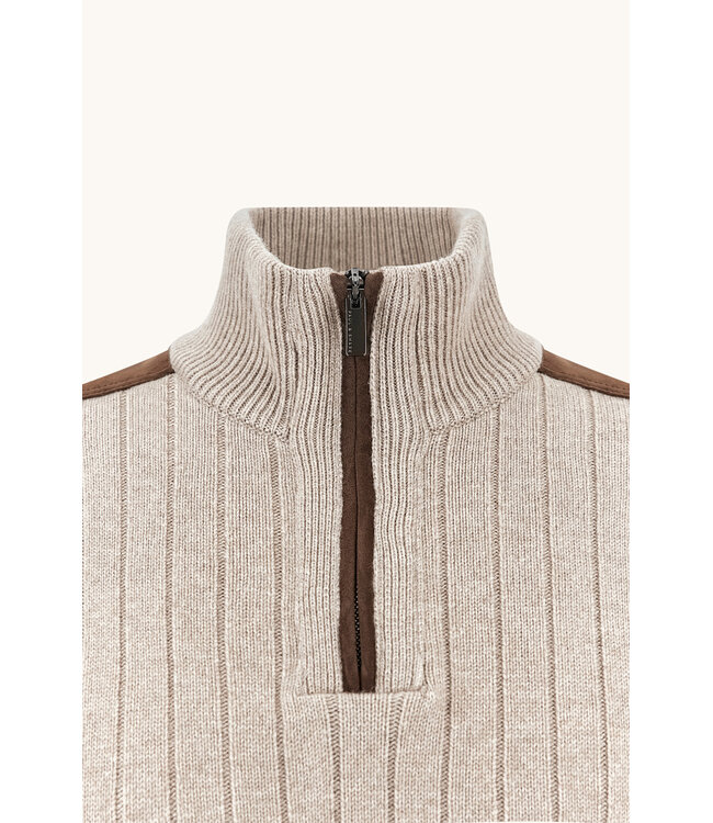 Paul & Shark Trui, Half-Zip, Wol/Cashmere Mix, Suede Details, Beige
