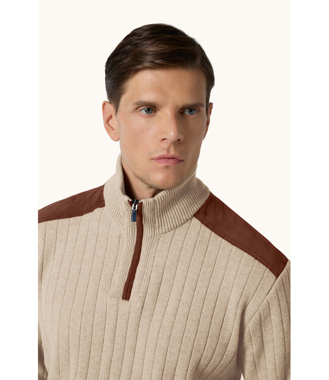 Paul & Shark Trui, Half-Zip, Wol/Cashmere Mix, Suede Details, Beige