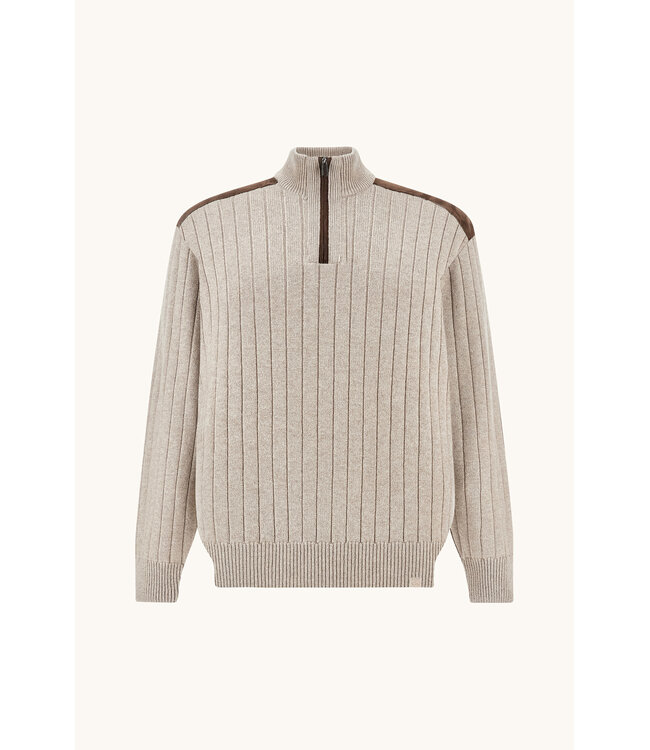 Paul & Shark Trui, Half-Zip, Wol/Cashmere Mix, Suede Details, Beige