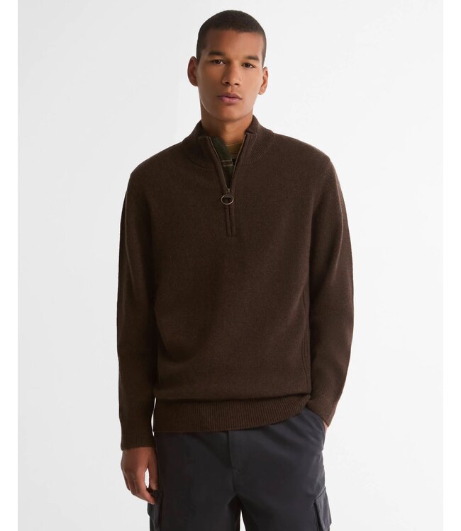 Barbour Trui, Half-Zip, Donkerbruin Gemeleerd, Tartan Accenten