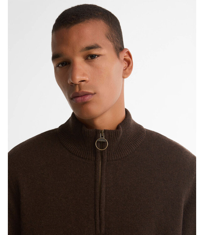 Barbour Trui, Half-Zip, Donkerbruin Gemeleerd, Tartan Accenten