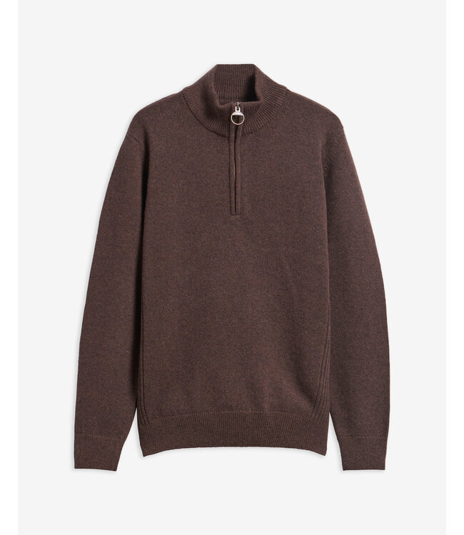 Barbour Trui, Half-Zip, Donkerbruin Gemeleerd, Tartan Accenten