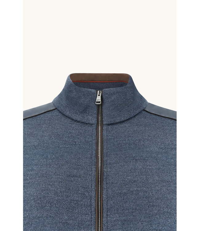 Paul & Shark Vest met Rits, Merino Wol, Bruin Alcantara Accenten, Schouderpatches, Jeansblauw