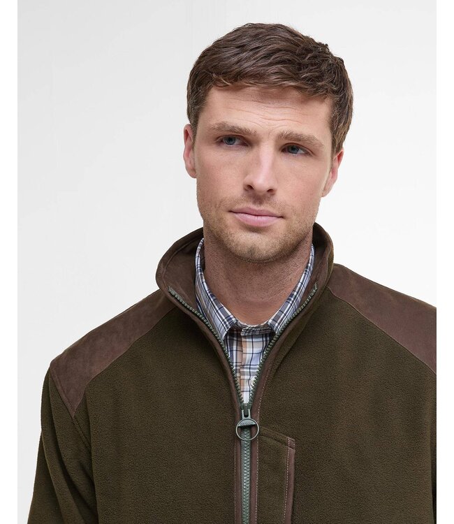 Barbour Active Fleece Jacket met Rits, Olijfgroen met Bruin Alcantara Accenten