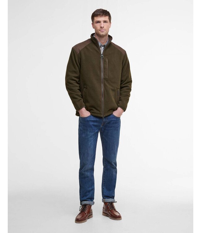 Barbour Active Fleece Jacket met Rits, Olijfgroen met Bruin Alcantara Accenten