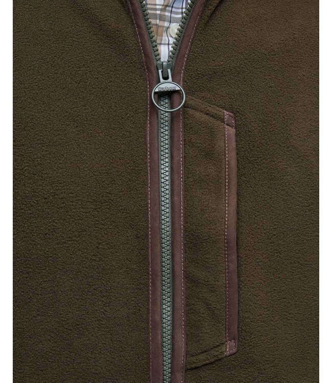 Barbour Active Fleece Jacket met Rits, Olijfgroen met Bruin Alcantara Accenten
