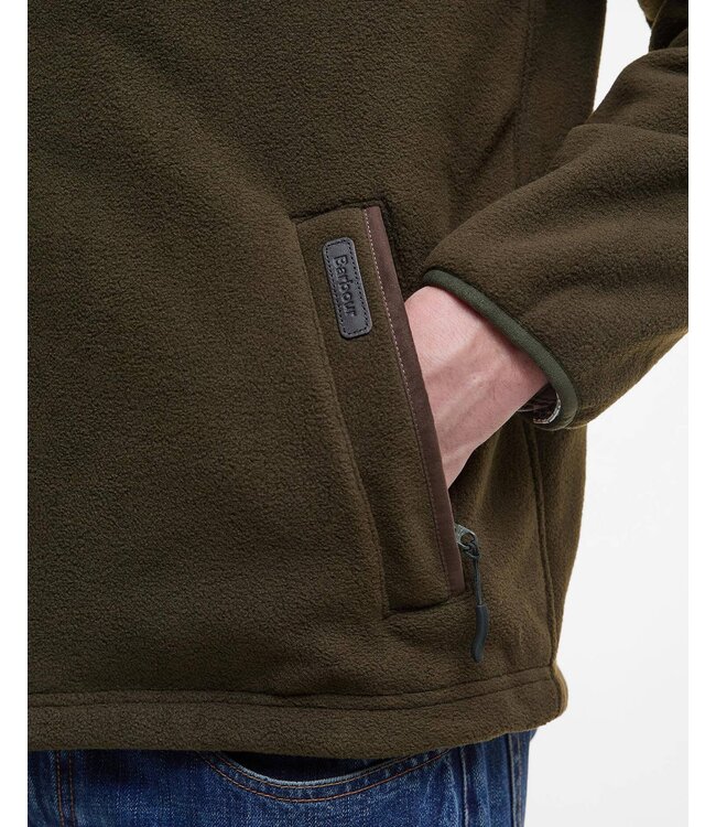 Barbour Active Fleece Jacket met Rits, Olijfgroen met Bruin Alcantara Accenten