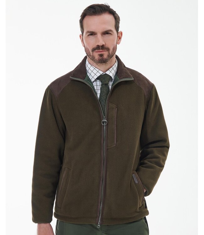 Barbour Active Fleece Jacket met Rits, Olijfgroen met Bruin Alcantara Accenten