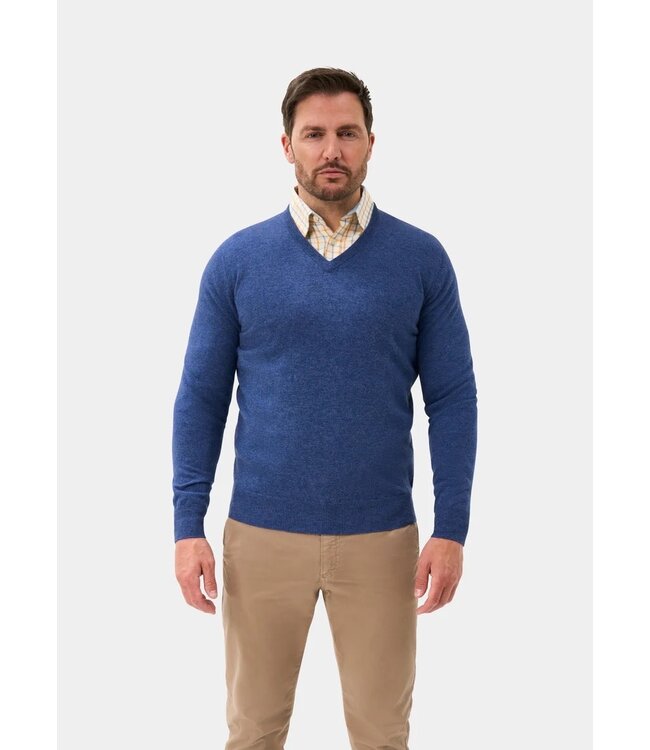 Alan Paine Trui, V-Hals, Geelong Lamswol, Model Albury, Blauw Gemeleerd