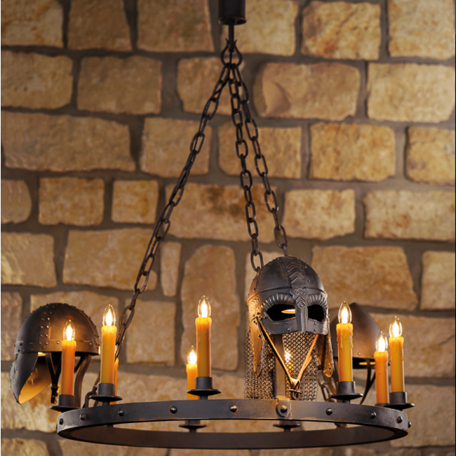 Lustre fer forgé médiéval bougies et casques 9xE14+3xGU10