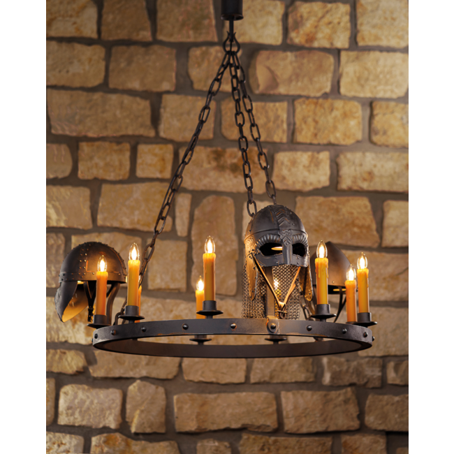 Kaarsenlamp met helmen middeleeuwen smeedijzer 9xE14+3xGU10