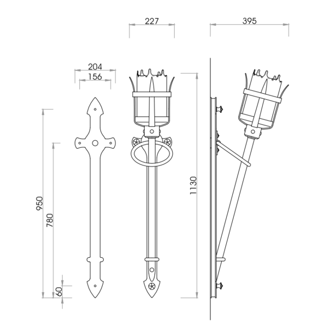 Torche murale médiévale ancien bronze 95cm (1 pc)