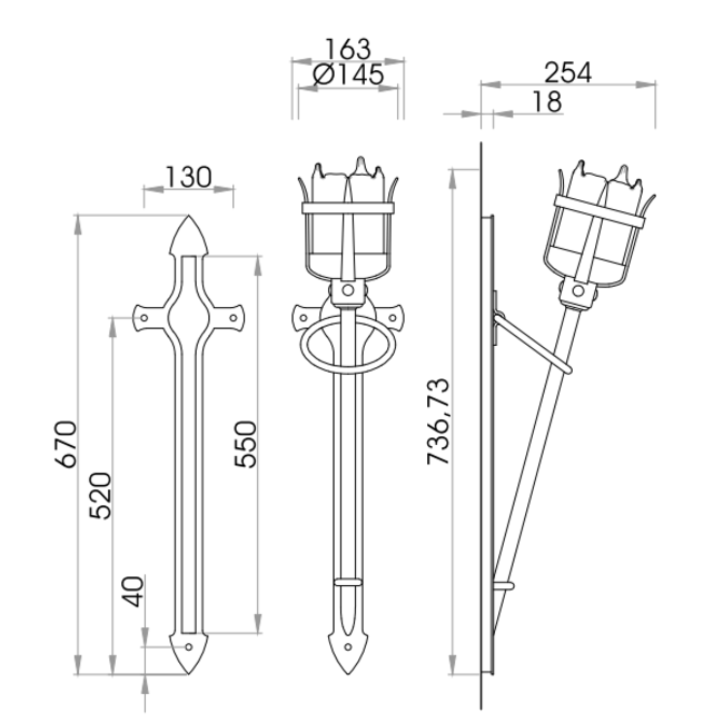 Applique murale torche fer forgé ancien bronze hauteur 52cm (1 pc)