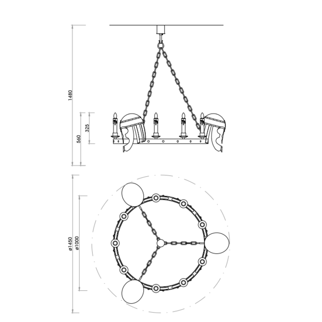 Lustre fer forgé médiéval bougies et casques 9xE14+3xGU10