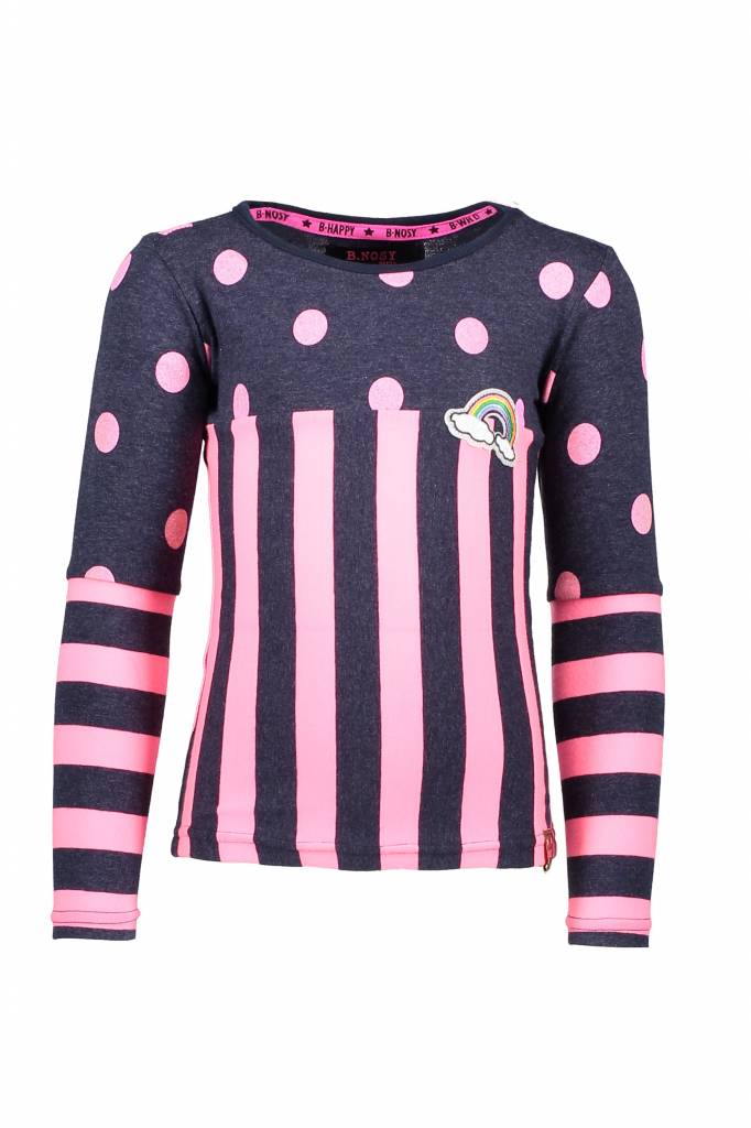 B.Nosy B.Nosy longsleeve with a mix op stripes and dots blue bird melee neon magenta