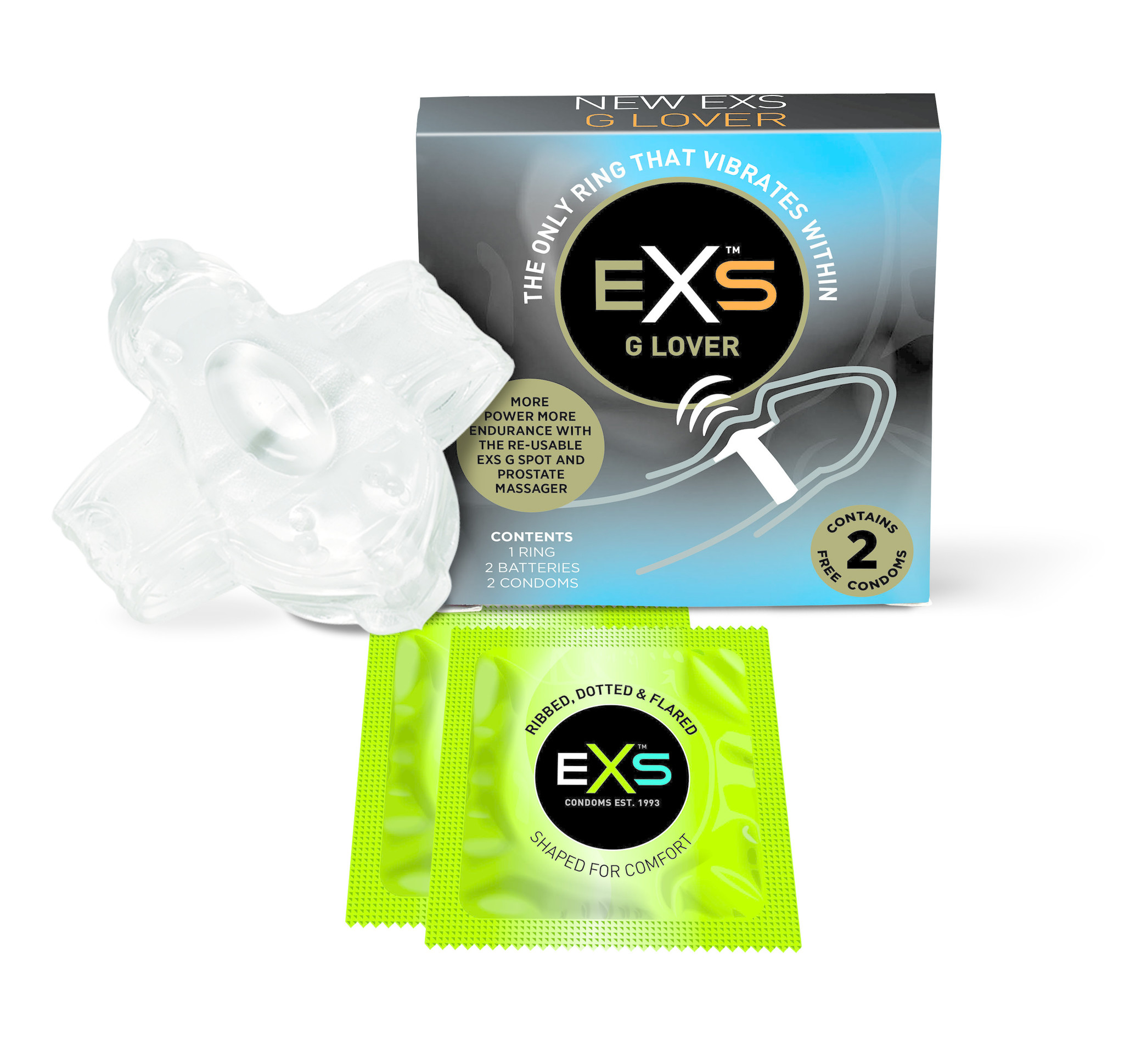 EXS G-Lover G-Spot Vibratie-ring Met 2 Stimulerende Condooms afbeelding