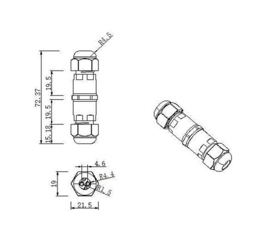 Waterdichte kabelverbinder 3-polig - voor 0.5 - 1mm² - IP68 - geschikt voor 2- en 3-aderige kabel