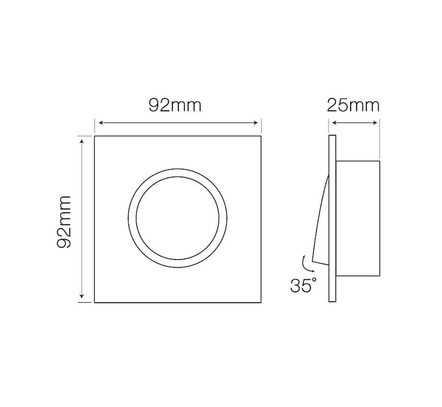 Inbouwspot zwart vierkant  - kantelbaar - zaagmaat 74mm - buitenmaat 92mm
