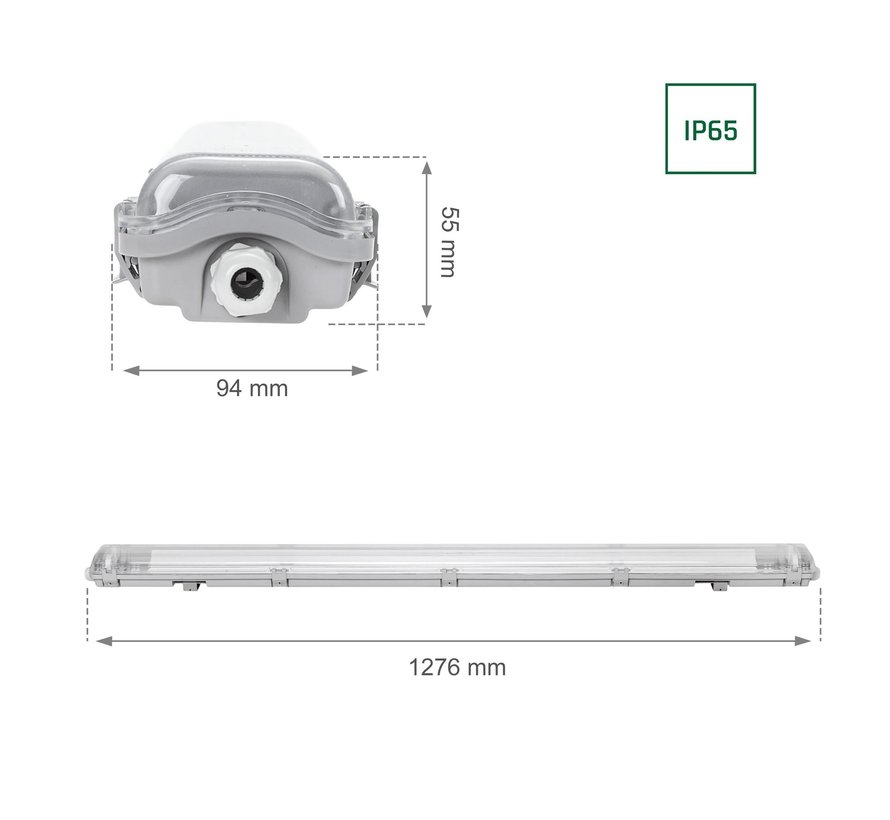120cm LED armatuur IP65 + 2 LED TL buizen 18W p/s - 6000K 865 daglicht wit - Compleet