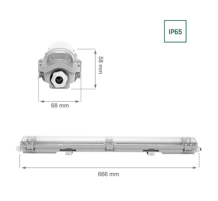 60cm LED armatuur IP65 + 1 LED TL buis 18W - 4000K 840 helder wit licht -  Compleet